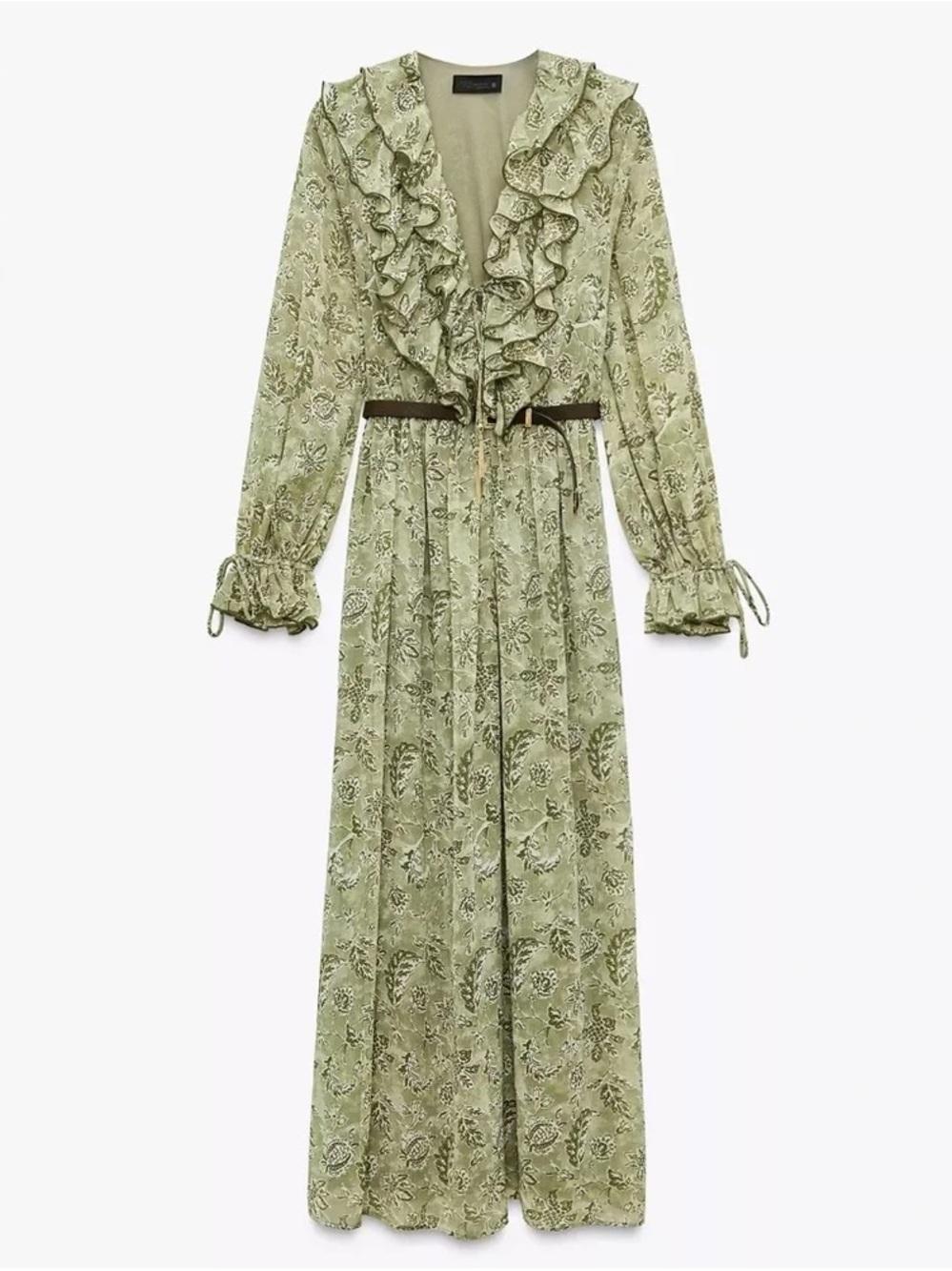Ruffled V-Neck Floral Maxi Dress in Sage Green